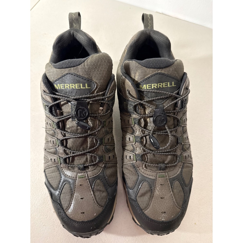 Merrell Gore-Tex Mens Hiking Shoes Bungee Lace Low Top Brown Green Sneaker Sz 12